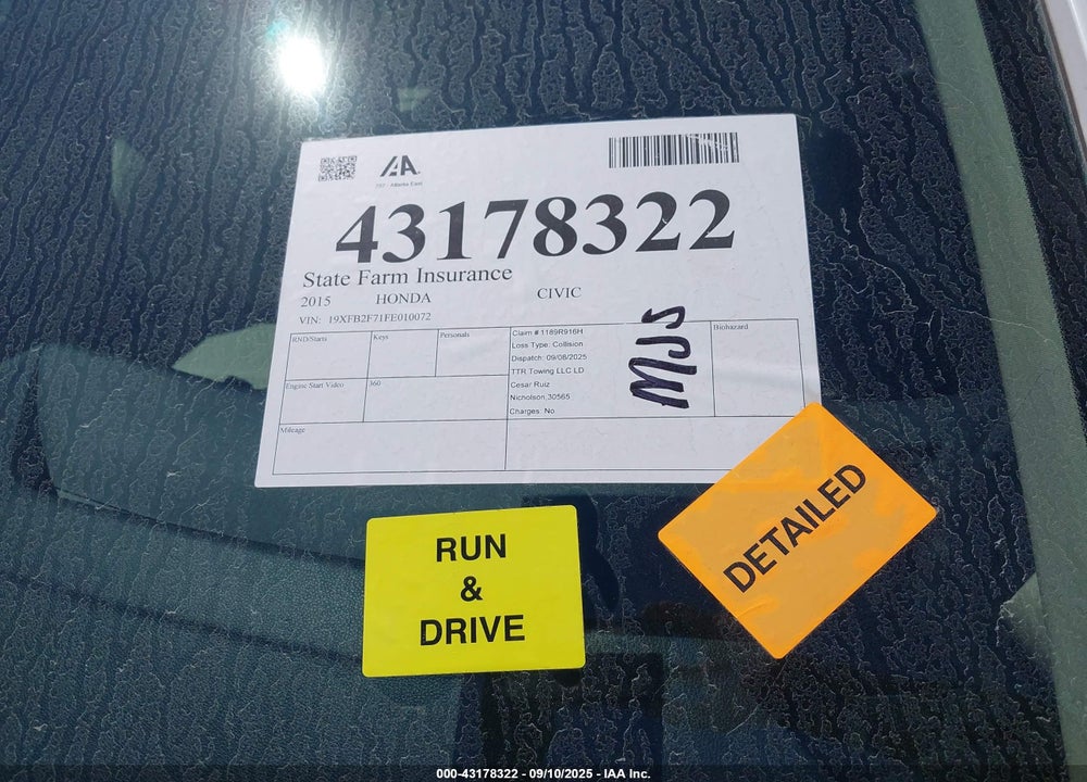 2015 HONDA CIVIC VIN: 19XFB2F71FE010072
