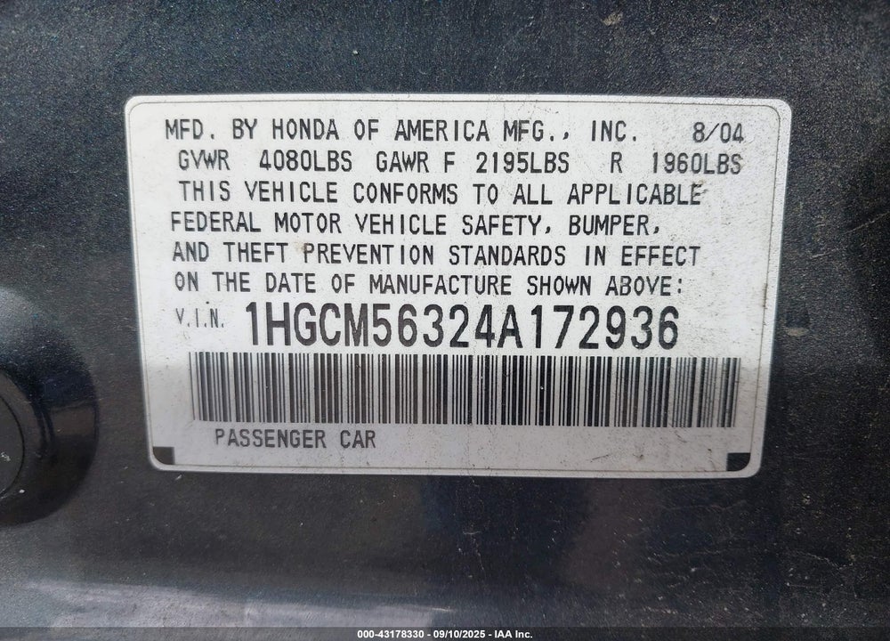 2004 HONDA ACCORD 2.4 LX VIN: 1HGCM56324A172936