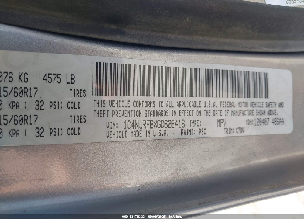 2016 JEEP PATRIOT VIN: 1C4NJRFBXGD626416