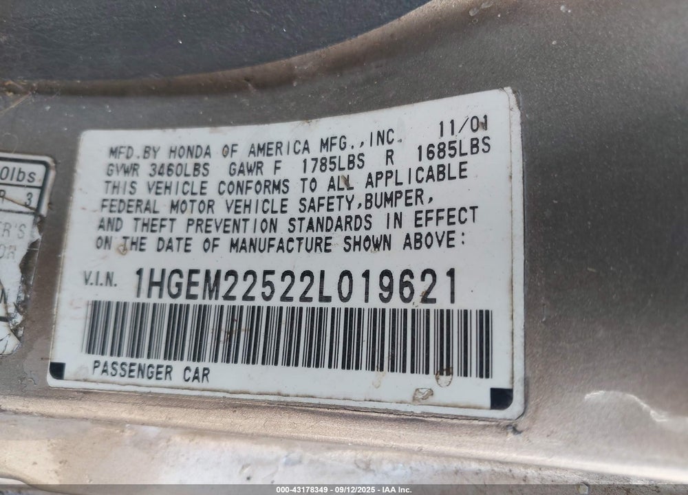 2002 HONDA CIVIC LX VIN: 1HGEM22522L019621