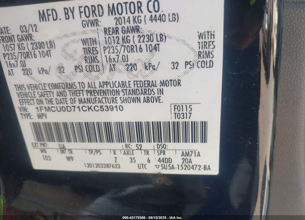 2012 FORD ESCAPE XLT VIN: 1FMCU0D71CKC53910
