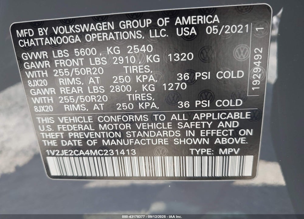 2021 VOLKSWAGEN ATLAS CROSS SPORT VIN: 1V2JE2CA4MC231413