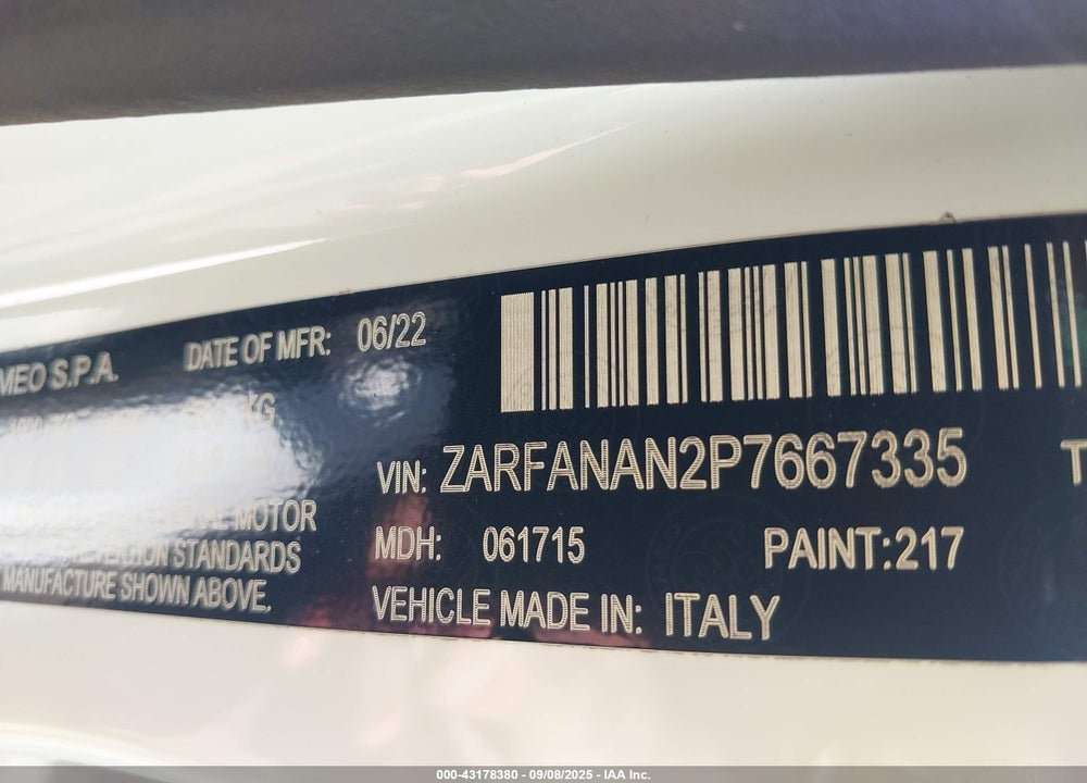 2023 ALFA ROMEO GIULIA VIN: ZARFANAN2P7667335