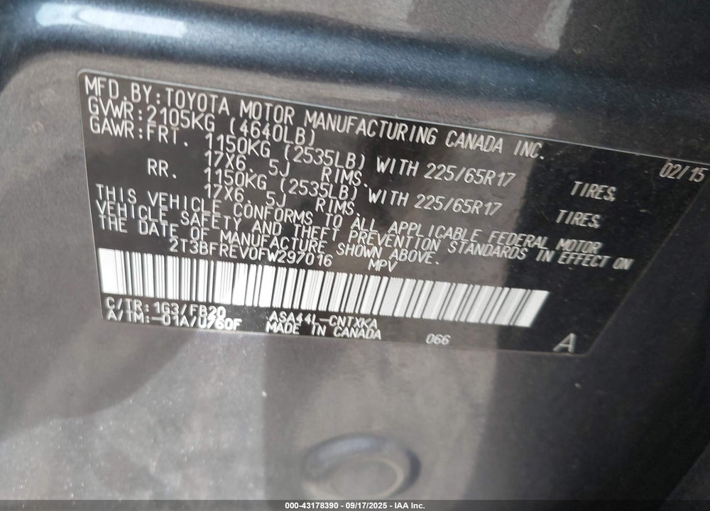 2015 TOYOTA RAV4 VIN: 2T3BFREV0FW297016