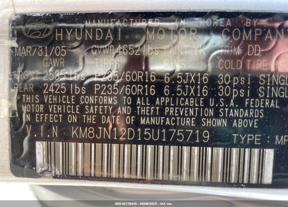 2005 HYUNDAI TUCSON GLS/LX VIN: KM8JN12D15U175719