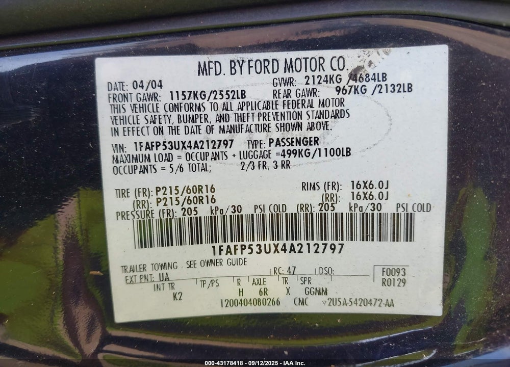 2004 FORD TAURUS SE VIN: 1FAFP53UX4A212797