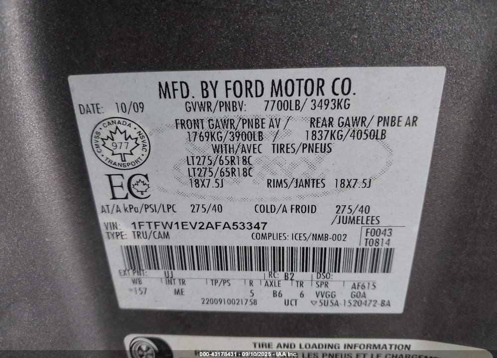 2010 HARLEY-DAVIDSON FORD F-150 FX4//KING RANCH/LARIAT/PLATINUM/XL/XLT VIN: 1FTFW1EV2AFA53347