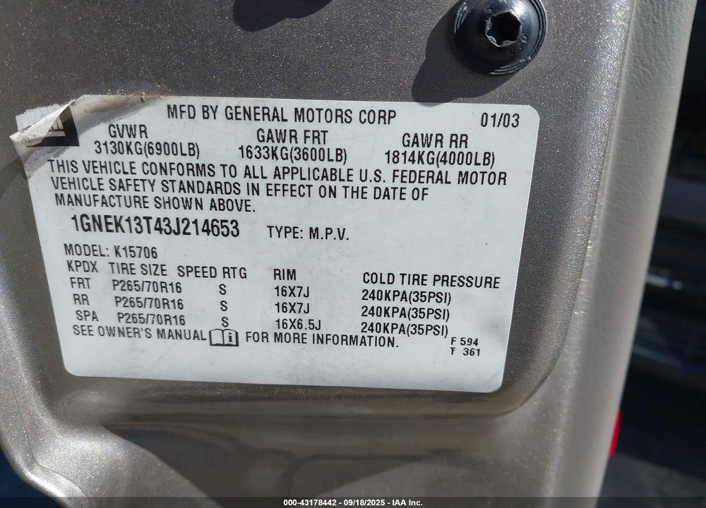 2003 CHEVROLET TAHOE LT VIN: 1GNEK13T43J214653