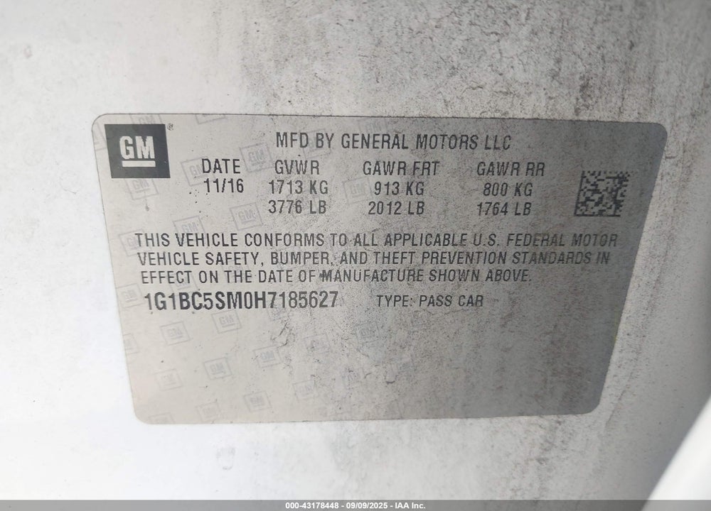 2017 CHEVROLET CRUZE VIN: 1G1BC5SM0H7185627