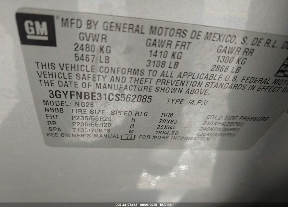 2012 CADILLAC SRX VIN: 3GYFNBE31CS562085