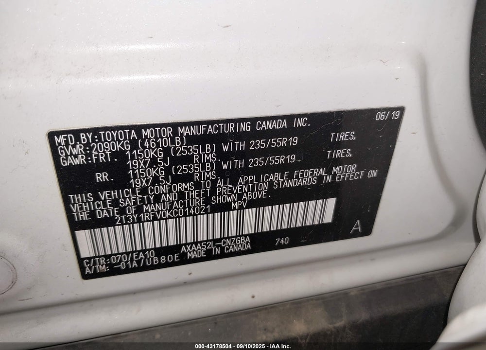 2019 TOYOTA RAV4 VIN: 2T3Y1RFV0KC014021