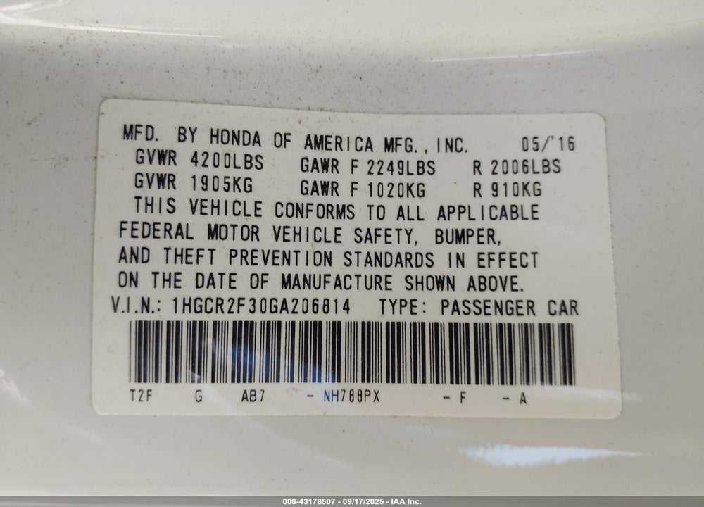 2016 HONDA ACCORD LX VIN: 1HGCR2F30GA206814