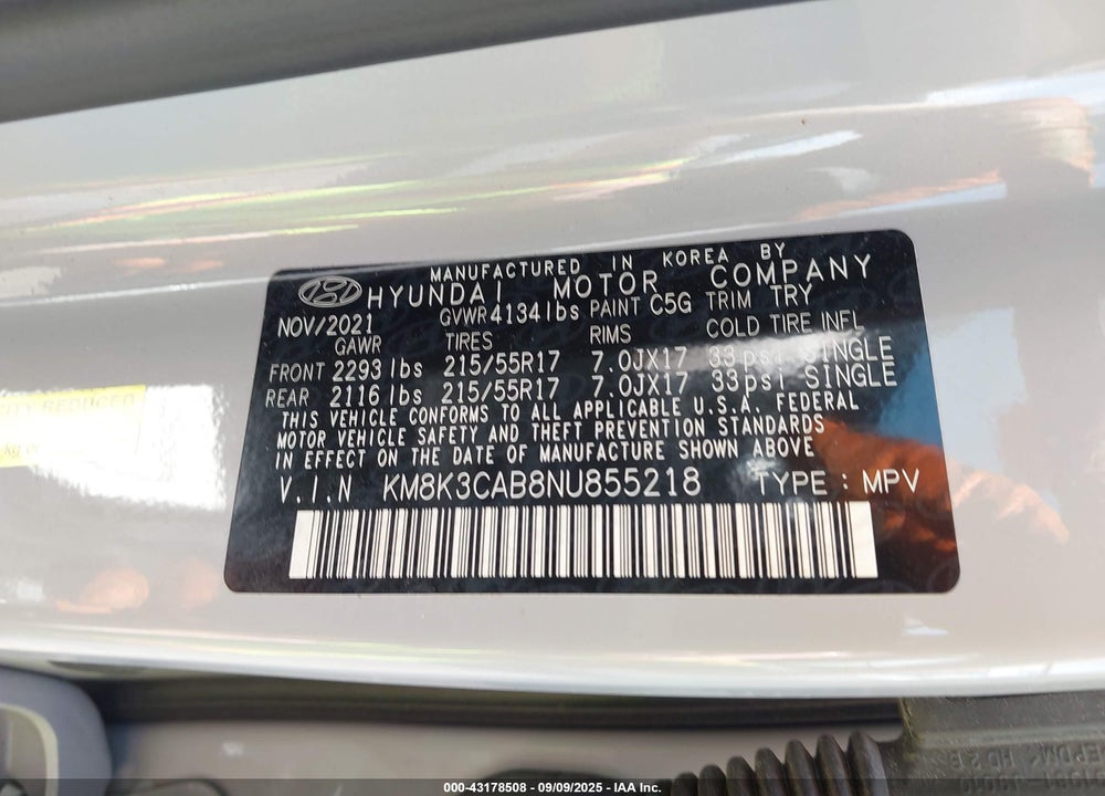 2022 HYUNDAI KONA VIN: KM8K3CAB8NU855218