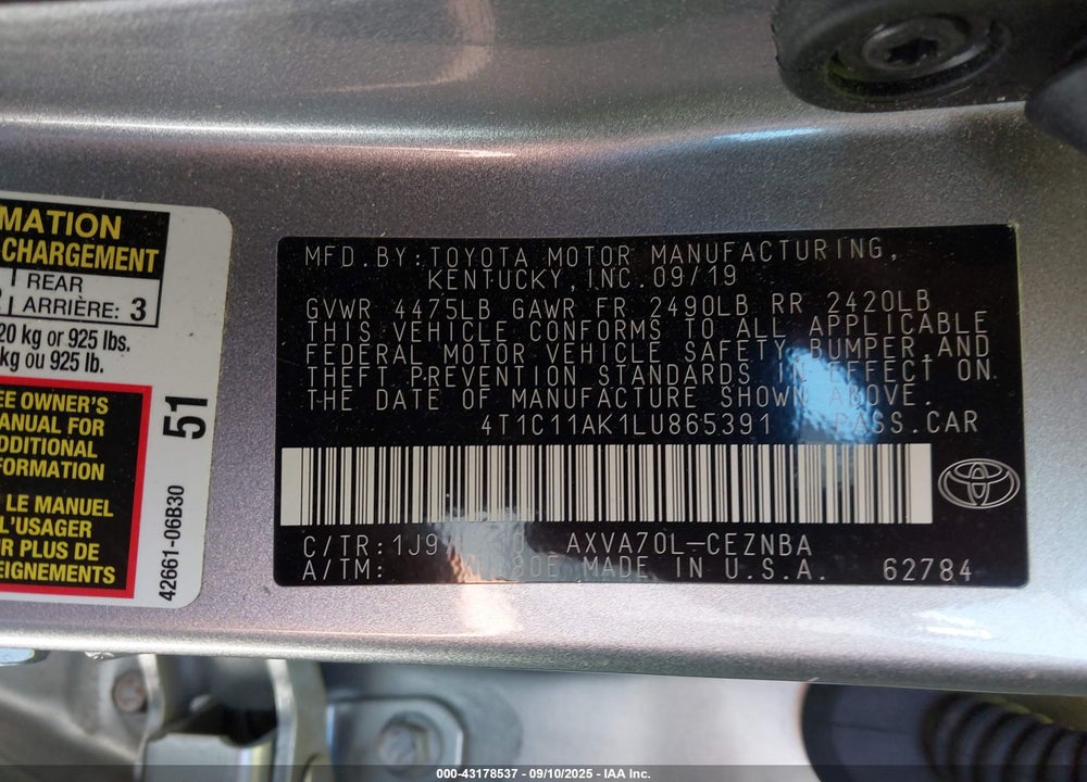 2020 TOYOTA CAMRY VIN: 4T1C11AK1LU865391