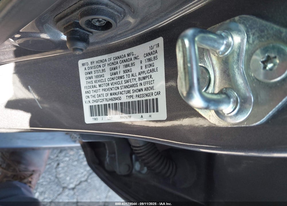 2018 HONDA CIVIC EX VIN: 2HGFC2F76JH609450