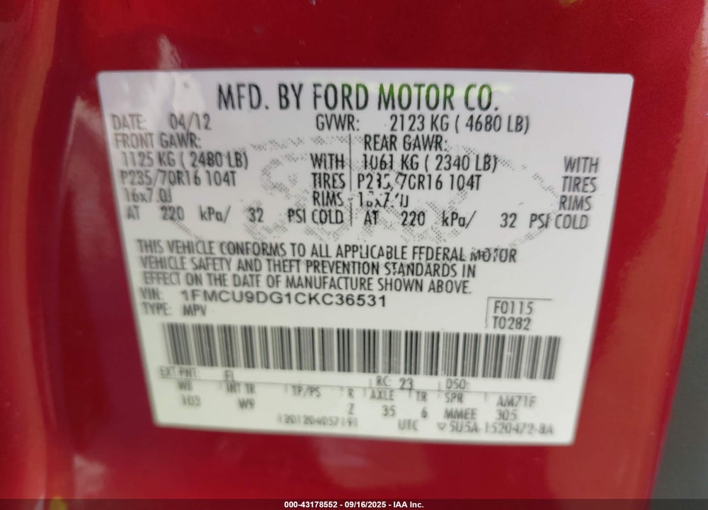 2012 FORD ESCAPE VIN: 1FMCU9DG1CKC36531