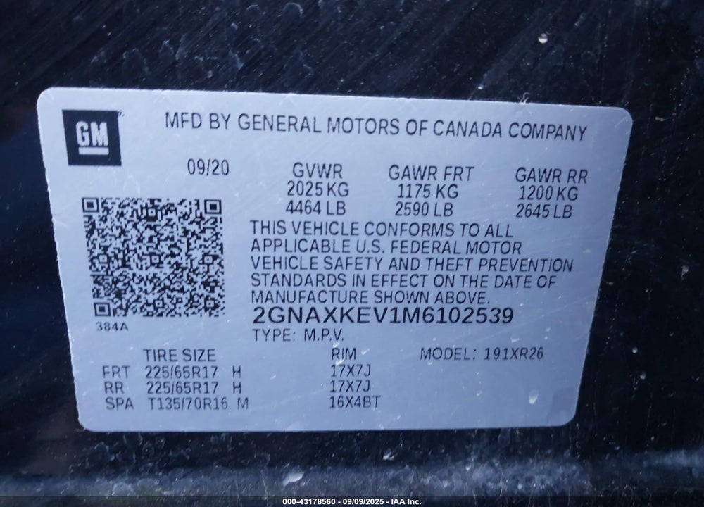 2021 CHEVROLET EQUINOX VIN: 2GNAXKEV1M6102539