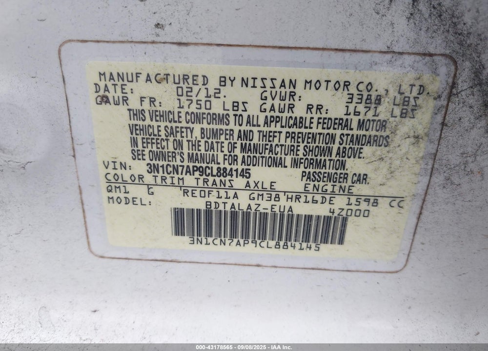 2012 NISSAN VERSA VIN: 3N1CN7AP9CL884145