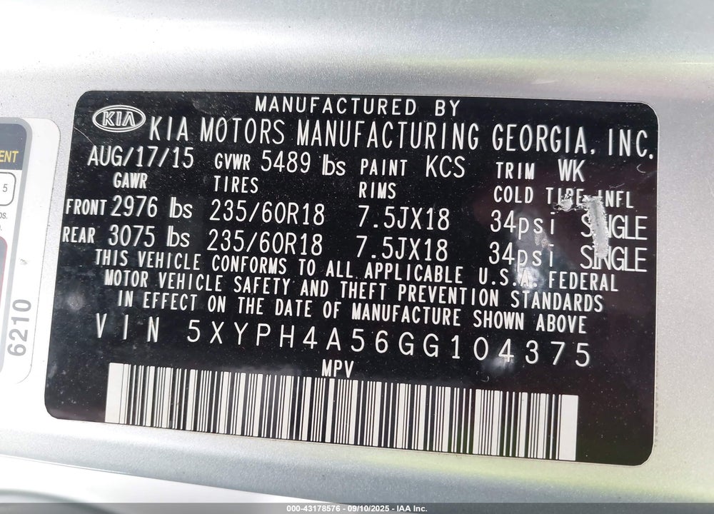 2016 KIA SORENTO VIN: 5XYPH4A56GG104375