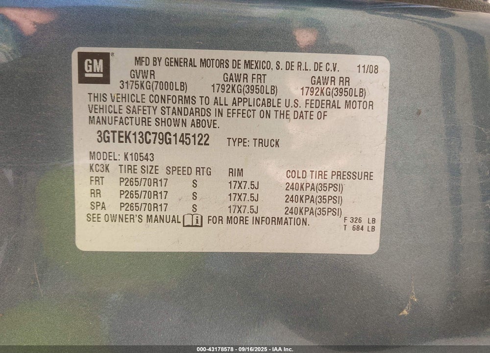 2009 GMC SIERRA 1500 SL VIN: 3GTEK13C79G145122