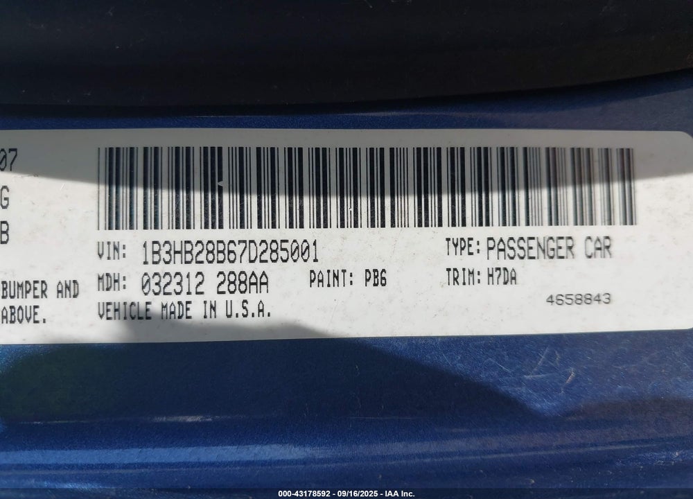 2007 DODGE CALIBER VIN: 1B3HB28B67D285001
