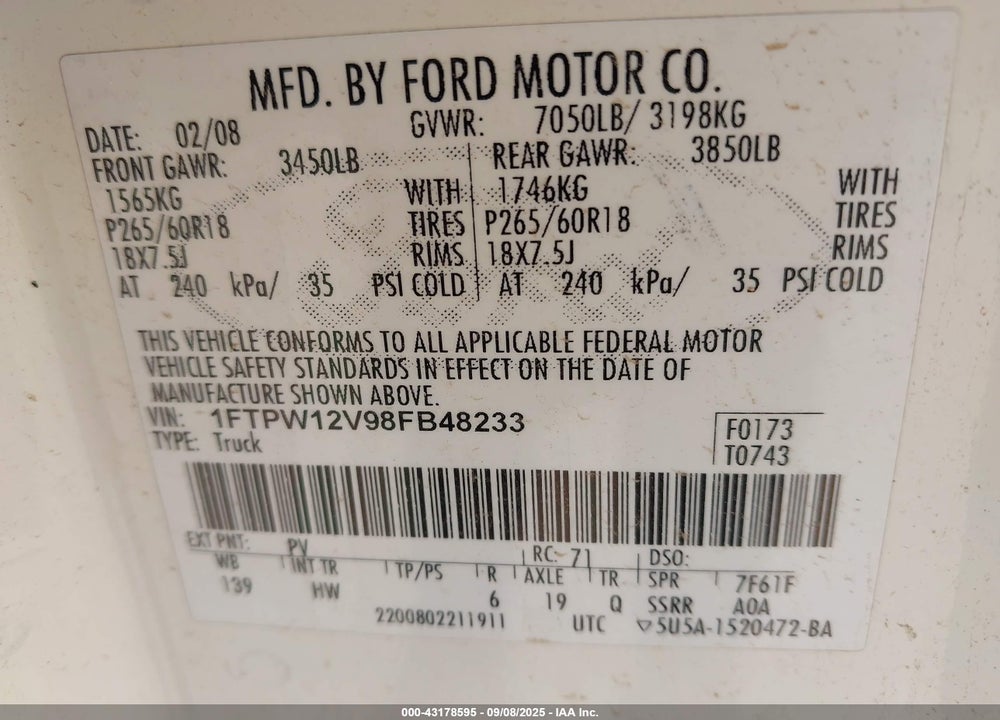 2008 FORD F-150 60TH ANNIVERSARY/FX2/KING RANCH/LARIAT/XLT VIN: 1FTPW12V98FB48233