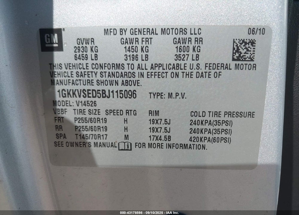 2011 GMC ACADIA VIN: 1GKKVSED5BJ115096