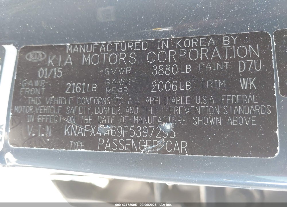 2015 KIA FORTE VIN: KNAFX4A69F5397295