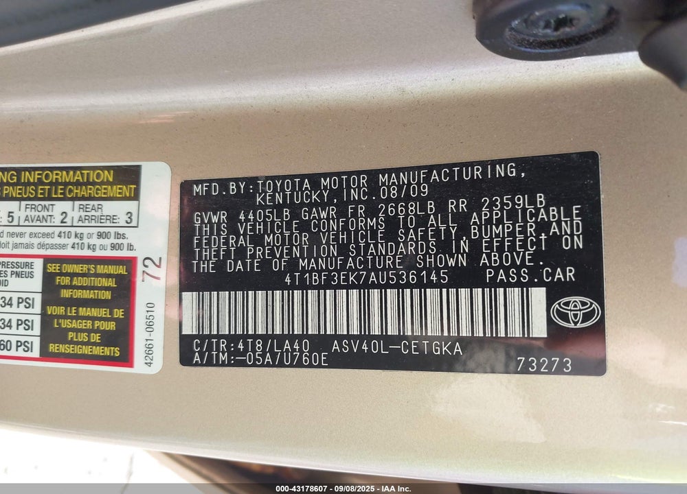 2010 TOYOTA CAMRY VIN: 4T1BF3EK7AU536145