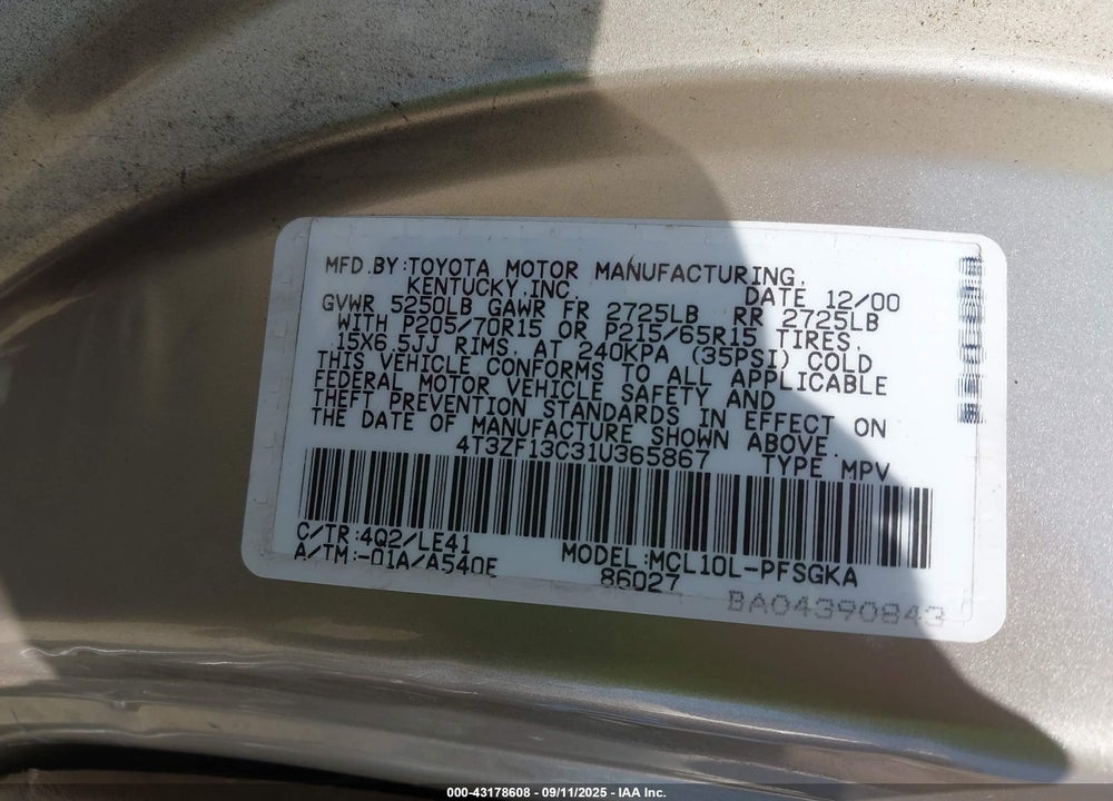 2001 TOYOTA SIENNA VIN: 4T3ZF13C31U365867