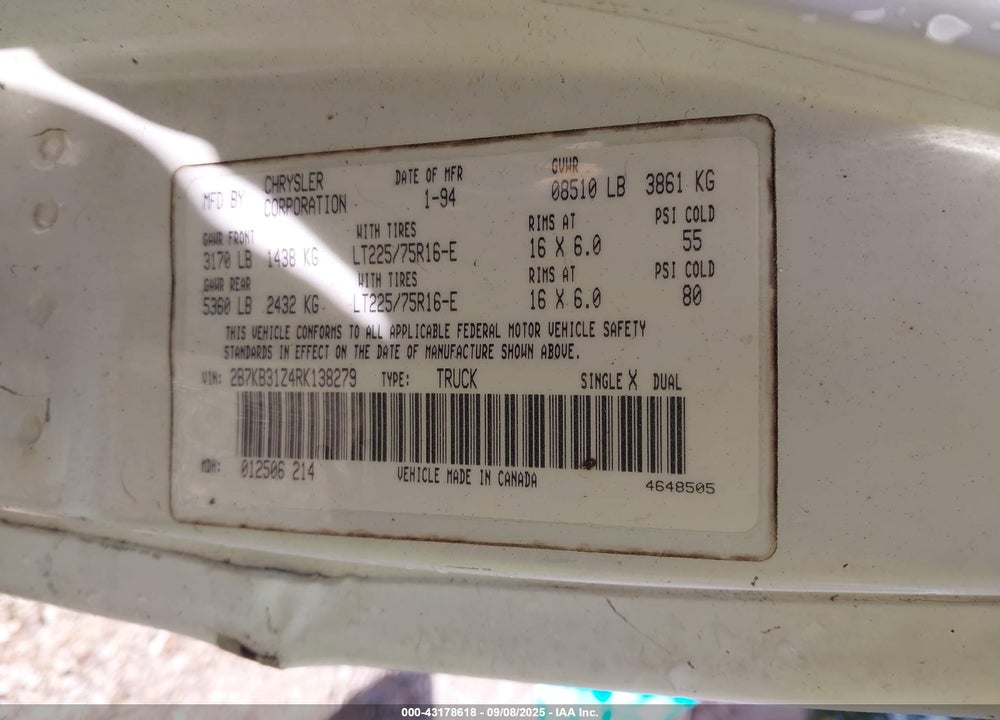 1994 DODGE RAM VAN B350 VIN: 2B7KB31Z4RK138279