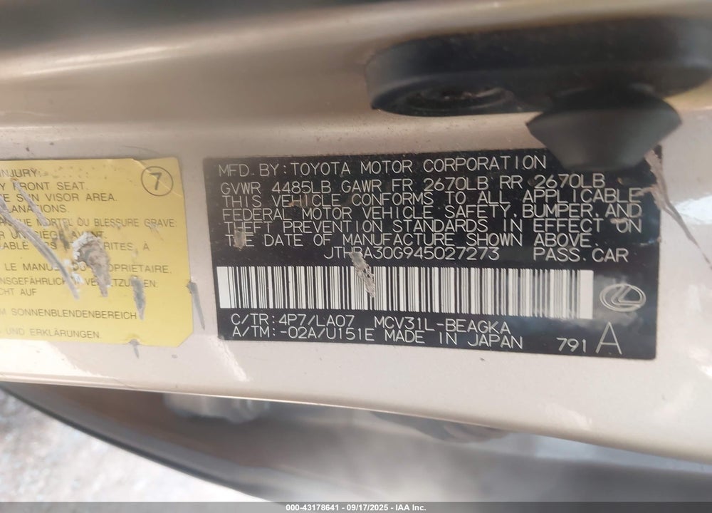 2004 LEXUS ES 330 VIN: JTHBA30G945027273