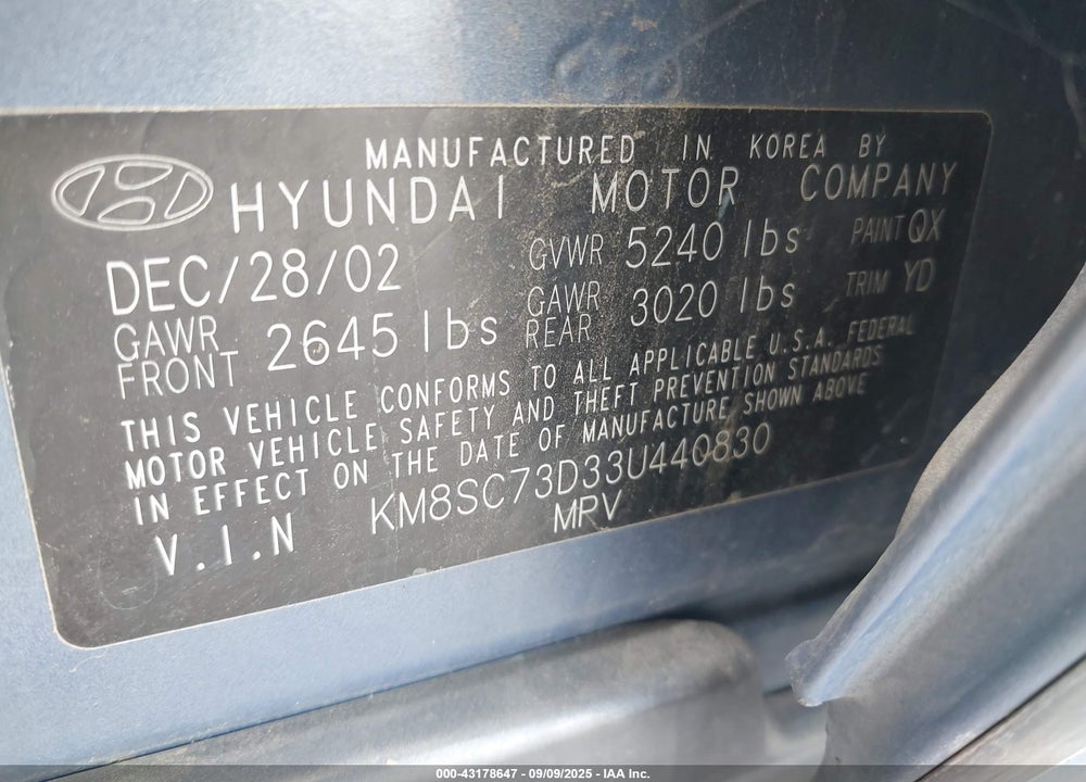 2003 HYUNDAI SANTA FE GLS/LX VIN: KM8SC73D33U440830