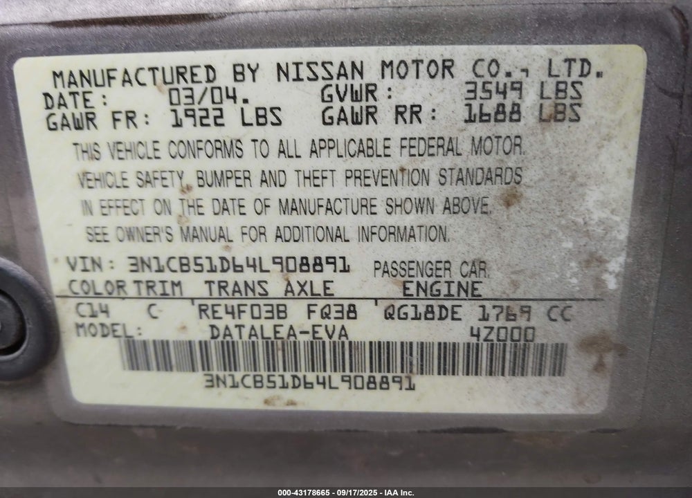2004 NISSAN SENTRA 1.8S VIN: 3N1CB51D64L908891