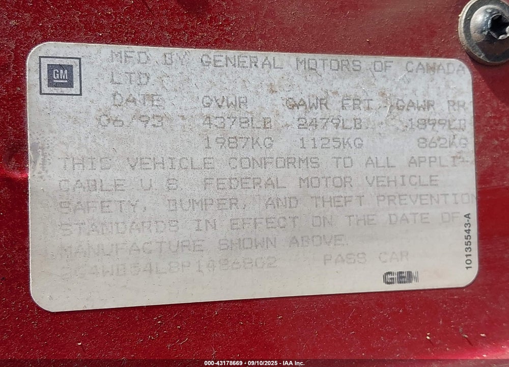 1993 BUICK REGAL CUSTOM VIN: 2G4WB54L8P1486802