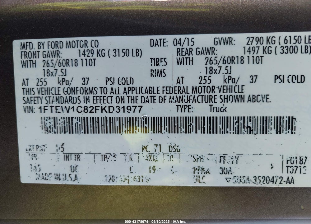 2015 FORD F-150 VIN: 1FTEW1C82FKD31977