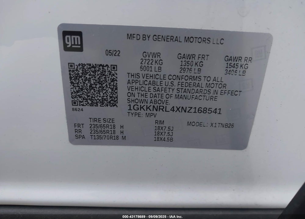 2022 GMC ACADIA AWD SLE VIN: 1GKKNRL4XNZ168541