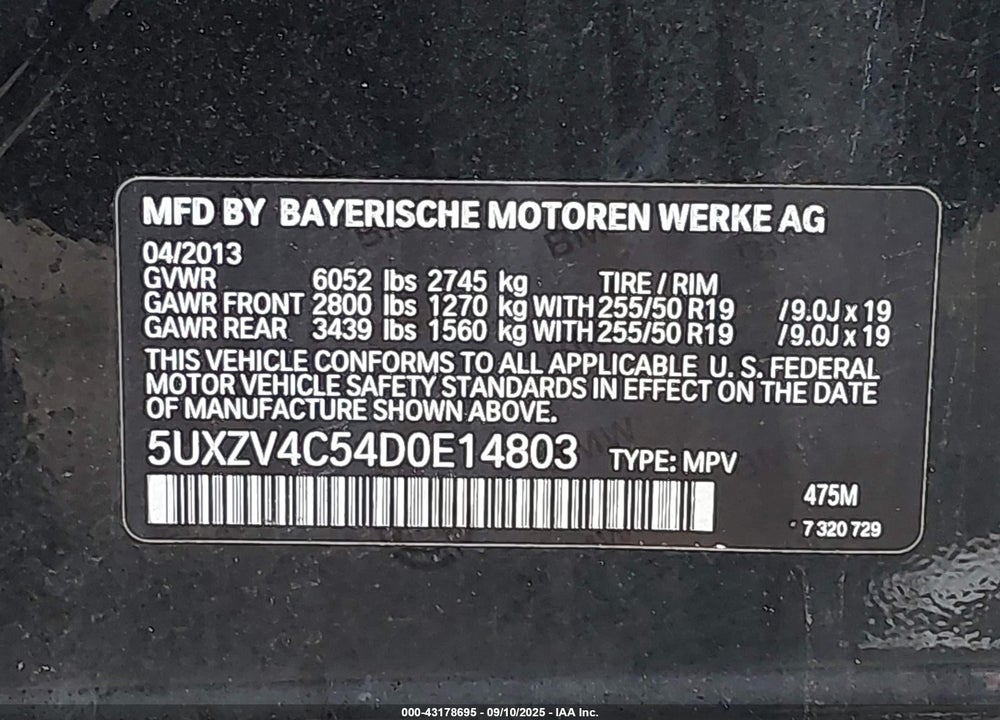 2013 BMW X5 VIN: 5UXZV4C54D0E14803