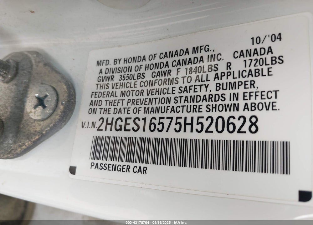 2005 HONDA CIVIC LX VIN: 2HGES16575H520628