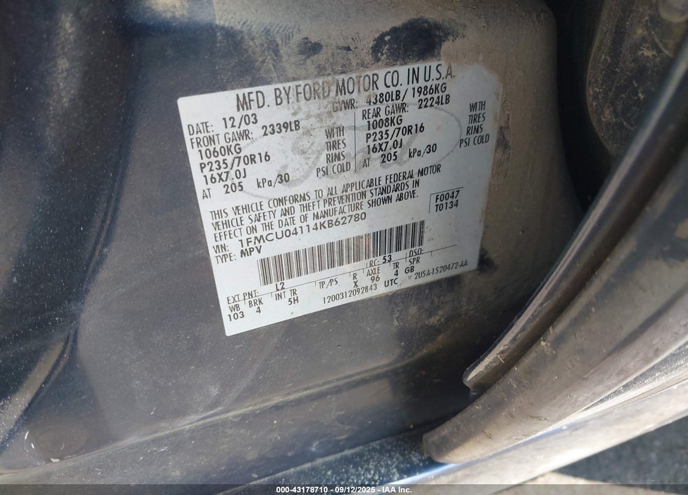 2004 FORD ESCAPE LIMITED VIN: 1FMCU04114KB62780