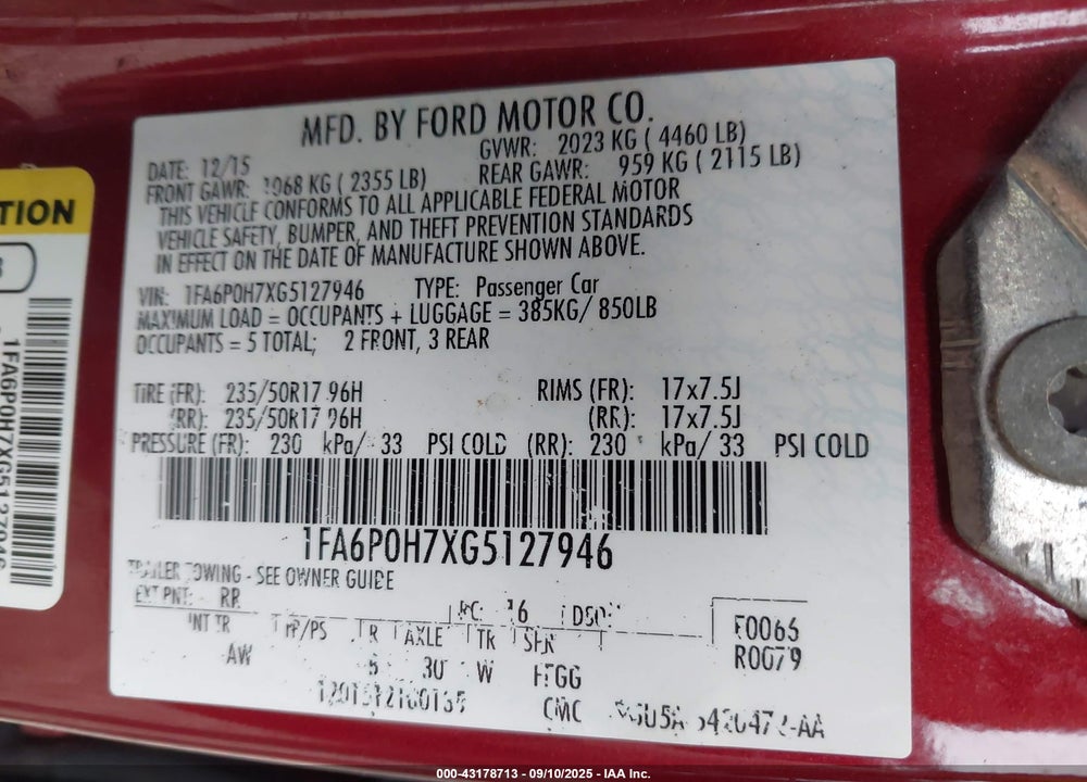 2016 FORD FUSION VIN: 1FA6P0H7XG5127946