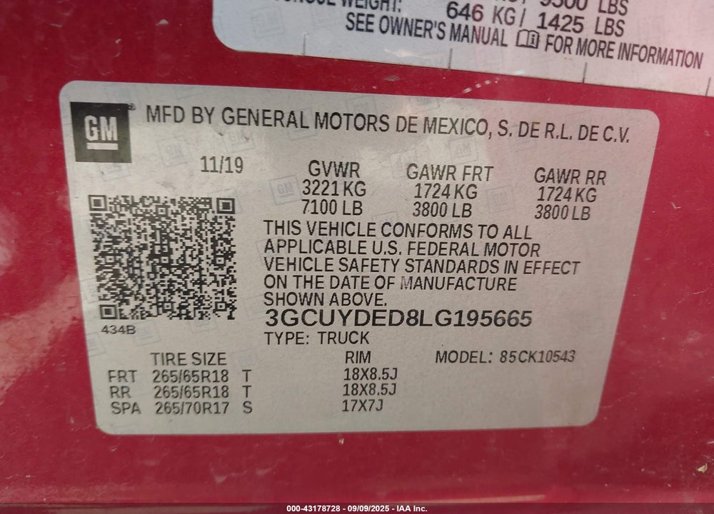 2020 CHEVROLET SILVERADO 1500 VIN: 3GCUYDED8LG195665