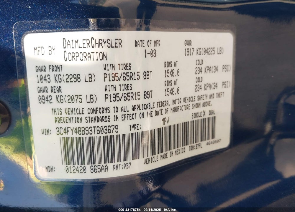 2003 CHRYSLER PT CRUISER VIN: 3C4FY48B93T603679