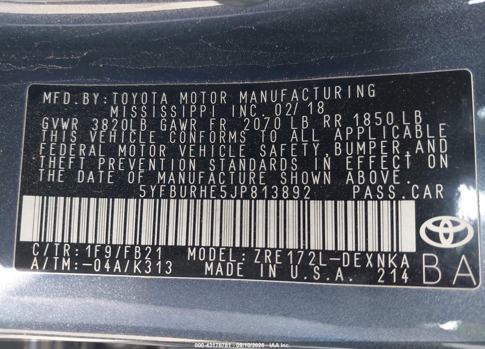 2018 TOYOTA COROLLA LE VIN: 5YFBURHE5JP813892