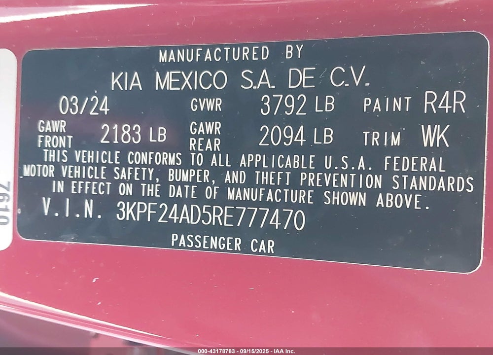 2024 KIA FORTE VIN: 3KPF24AD5RE777470