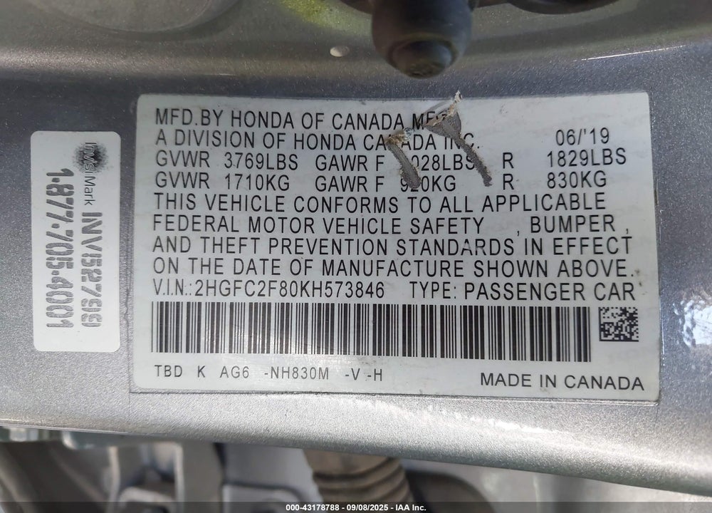 2019 HONDA CIVIC VIN: 2HGFC2F80KH573846