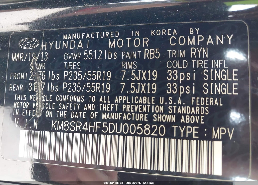 2013 HYUNDAI SANTA FE VIN: KM8SR4HF5DU005820