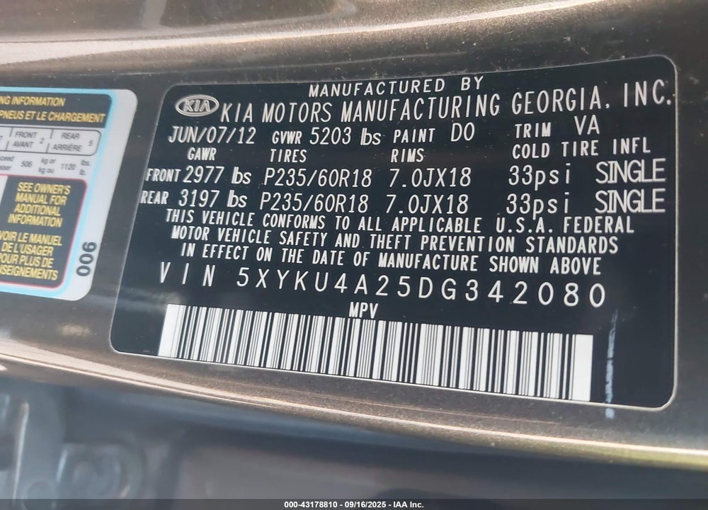 2013 KIA SORENTO VIN: 5XYKU4A25DG342080