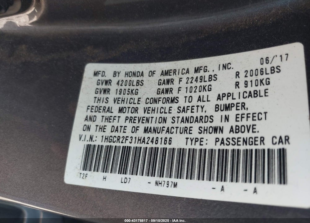 2017 HONDA ACCORD VIN: 1HGCR2F31HA248166