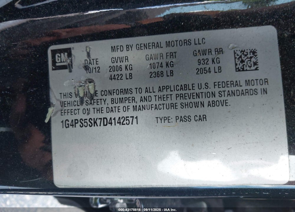 2013 BUICK VERANO VIN: 1G4PS5SK7D4142571